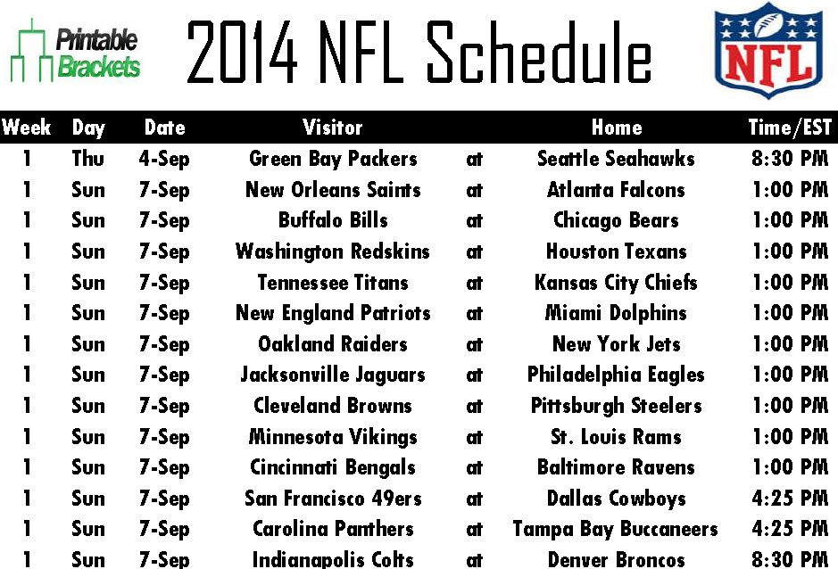 2014 NFL Schedule NFL Schedule 2014 Printable NFL Schedule