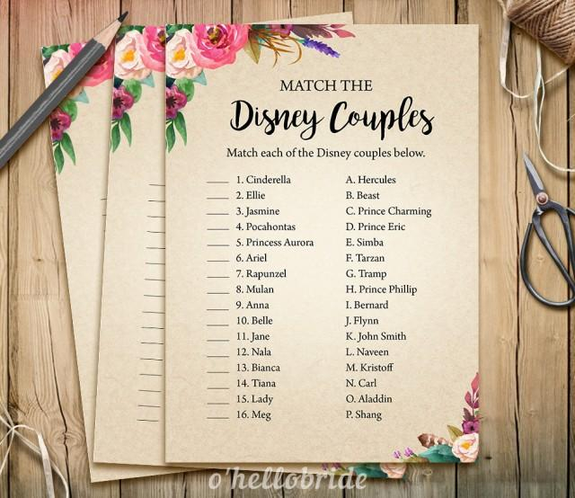 Disney Couples Match Game Printable Boho Bohemian Bridal Shower Love 