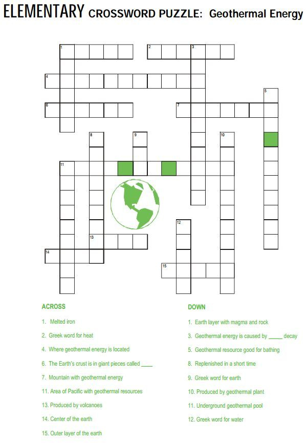 FREE Printable Elementary Crossword Puzzle Geothermal Energy 