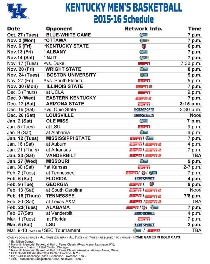 Kentucky Wildcats Basketball Full 2015 16 Schedule Channels Dates