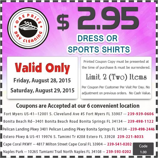 Latest Discount Coupons For One Price Dry Cleaners Fort Myers 
