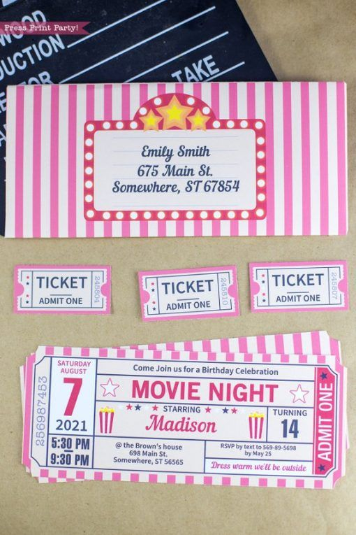 Movie Night Invitation Printable RED Ticket Stub Vintage Press