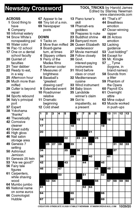 Newsday Crossword Puzzle For Oct 29 2020 By Stanley Newman Creators 