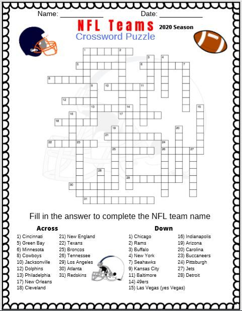NFL Football Teams Crossword Puzzle