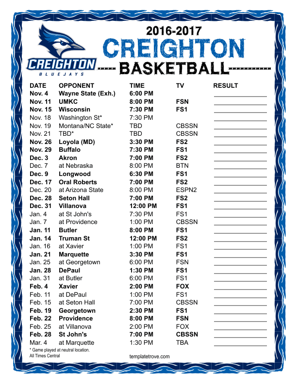 Printable 2016 2017 Creighton Bluejays Basketball Schedule