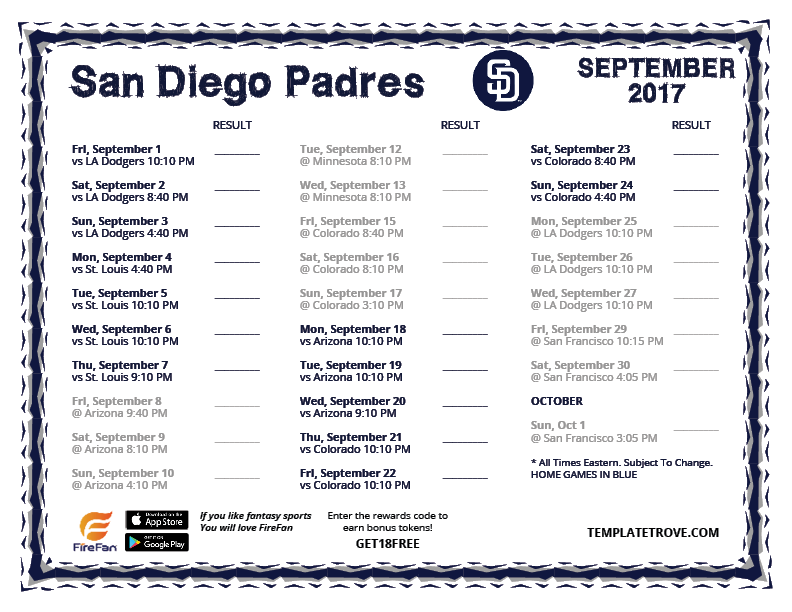 Printable 2017 San Diego Padres Schedule