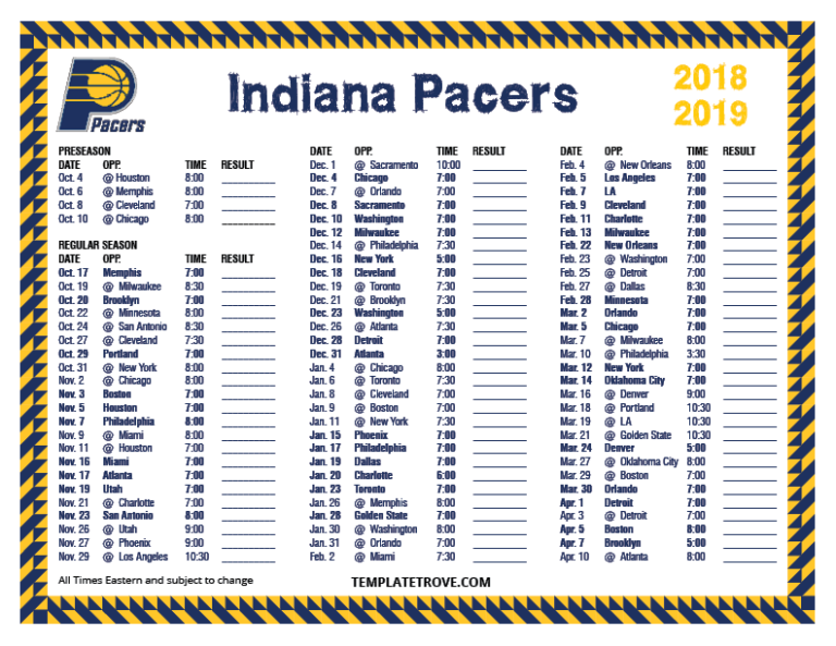 Indiana Pacers Printable Schedule 202324 FreePrintable.me