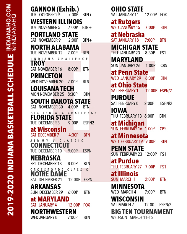 PRINTABLE 2019 2020 Indiana Basketball Schedule IndianaHQ