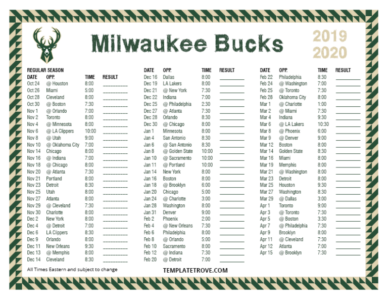 Milwaukee Bucks Schedule 2023 Printable FreePrintable.me