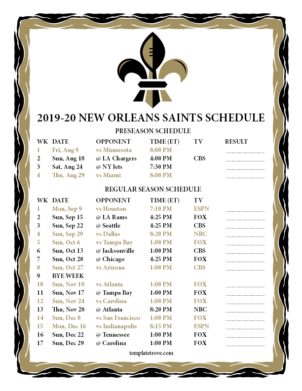 Printable 2019 2020 New Orleans Saints Schedule