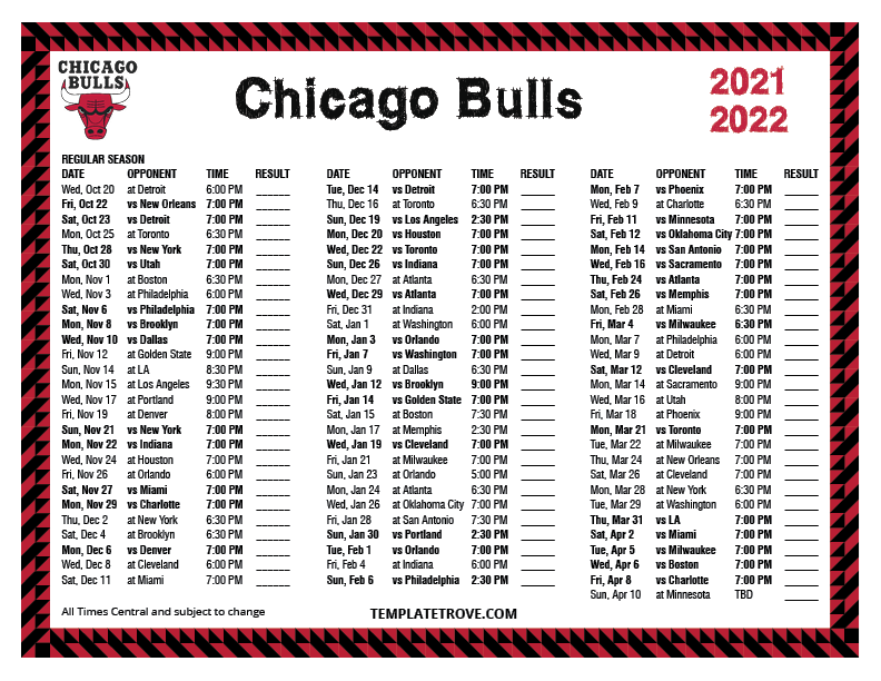 Printable 2021 2022 Chicago Bulls Schedule