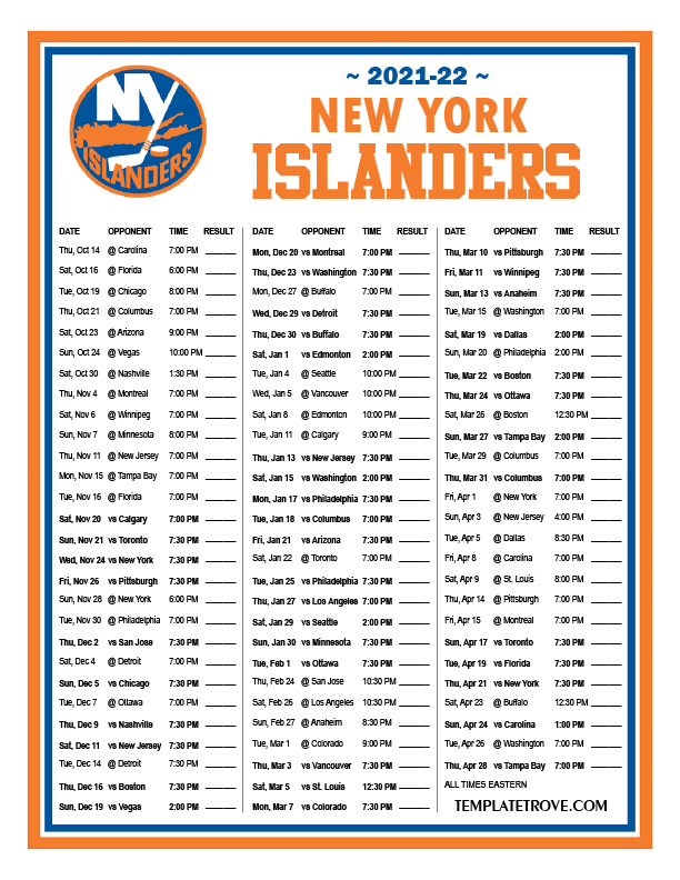 Printable 2021 2022 New York Islanders Schedule