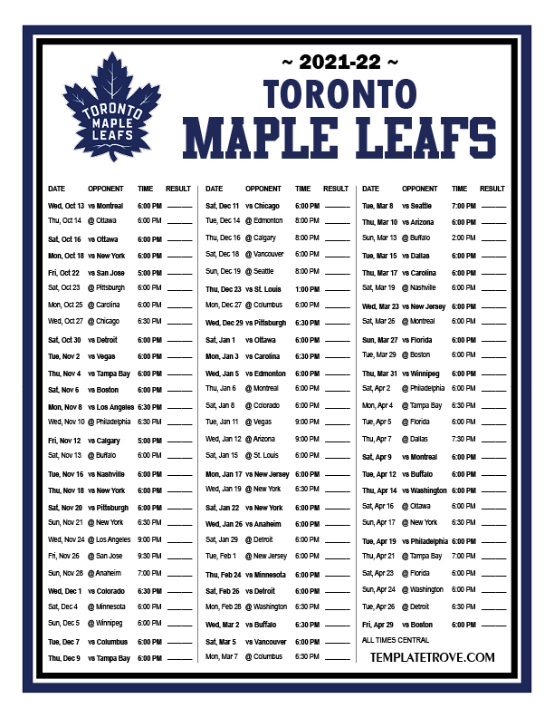 Printable 2021 2022 Toronto Maple Leafs Schedule