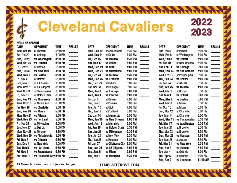 Printable 2022 2023 Cleveland Cavaliers Schedule