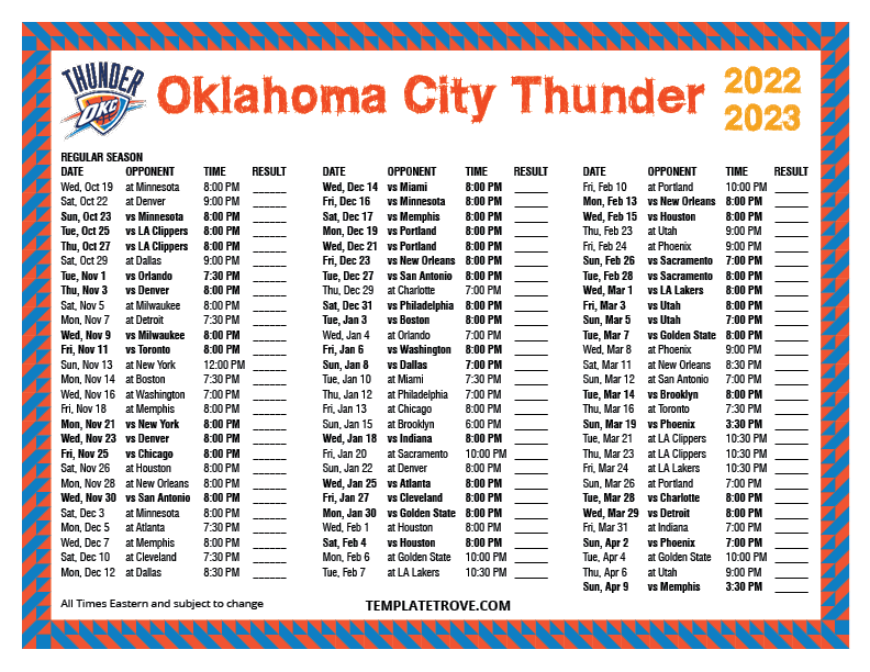 Printable 2022 2023 Oklahoma City Thunder Schedule