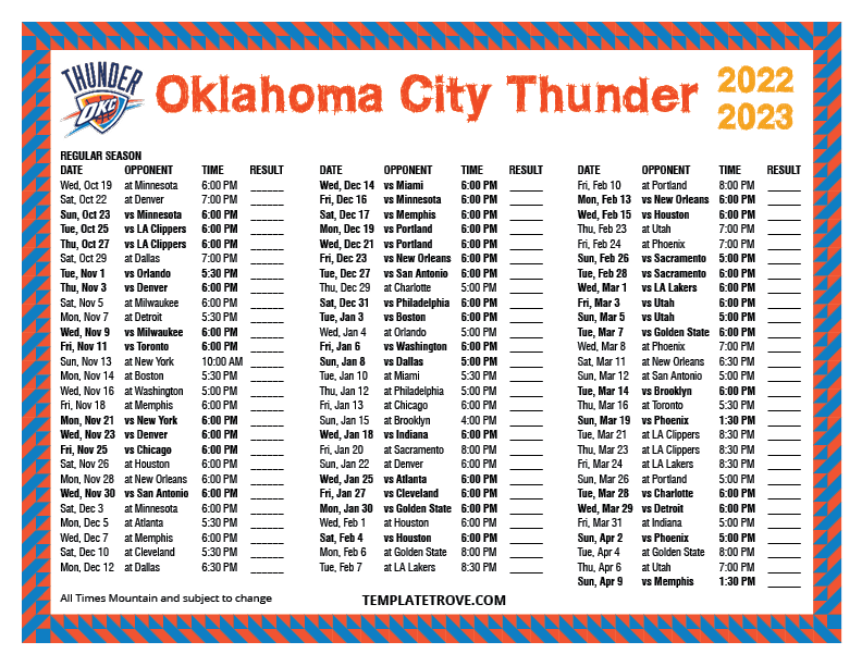 Printable 2022 2023 Oklahoma City Thunder Schedule