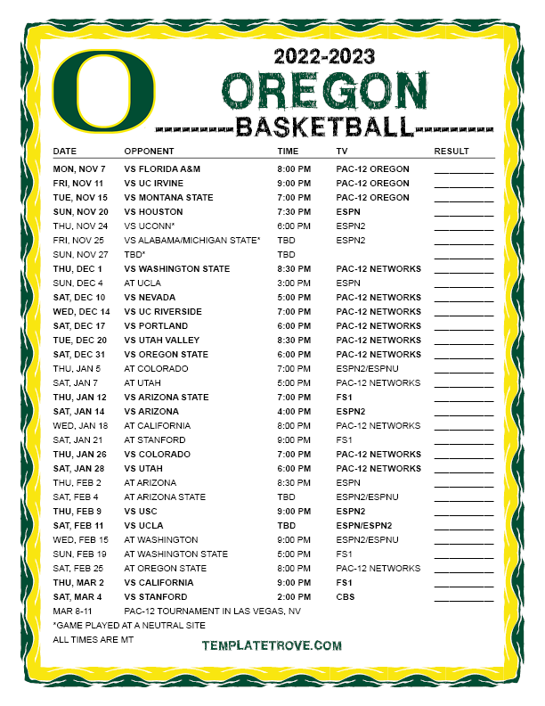Printable 2022 2023 Oregon Ducks Basketball Schedule