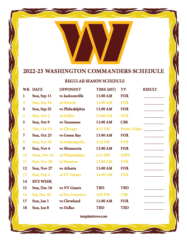 Printable 2022 2023 Washington Commanders Schedule
