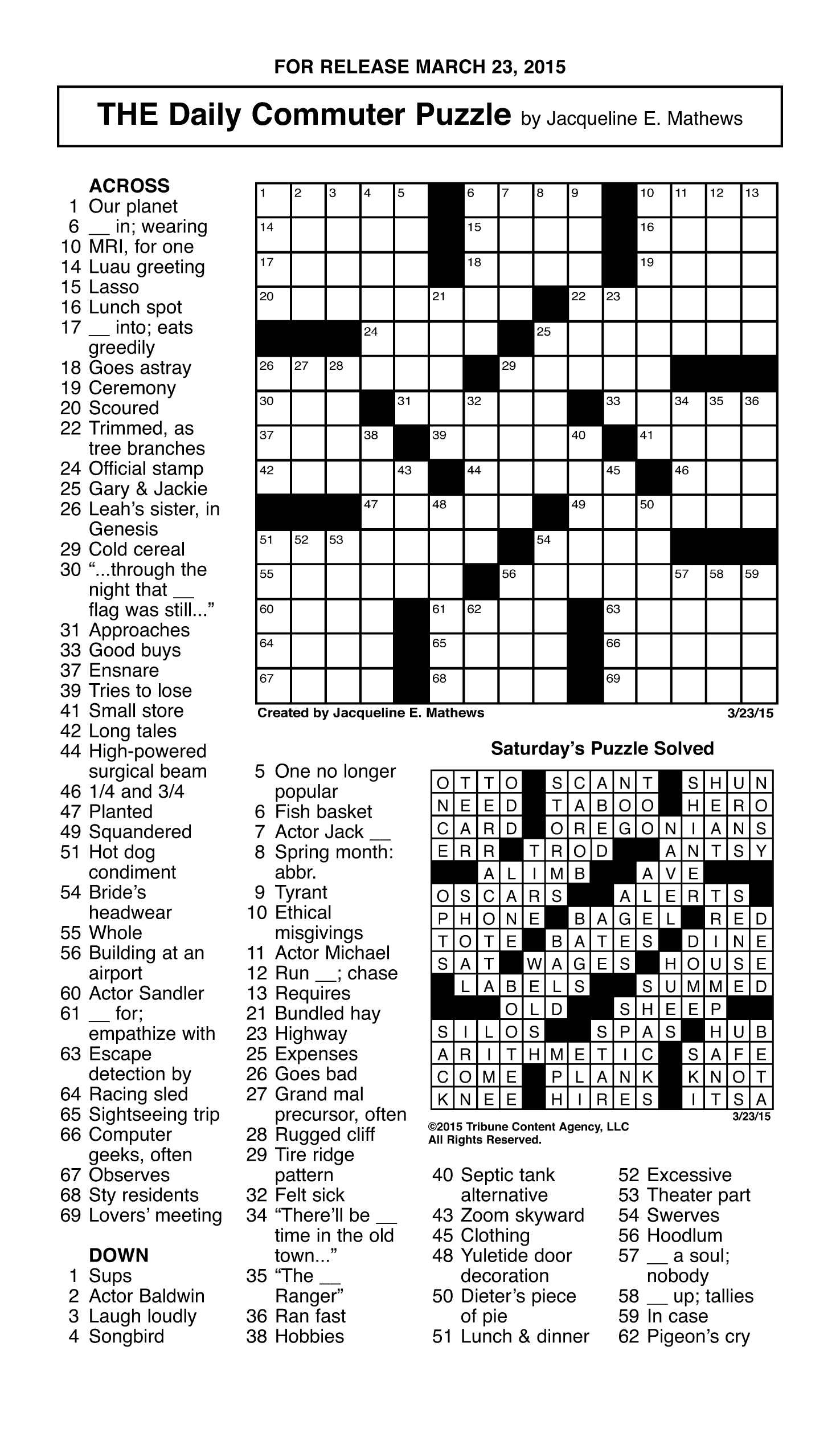 Sample Of THE Daily Commuter Puzzle Tribune Content Agency March 23