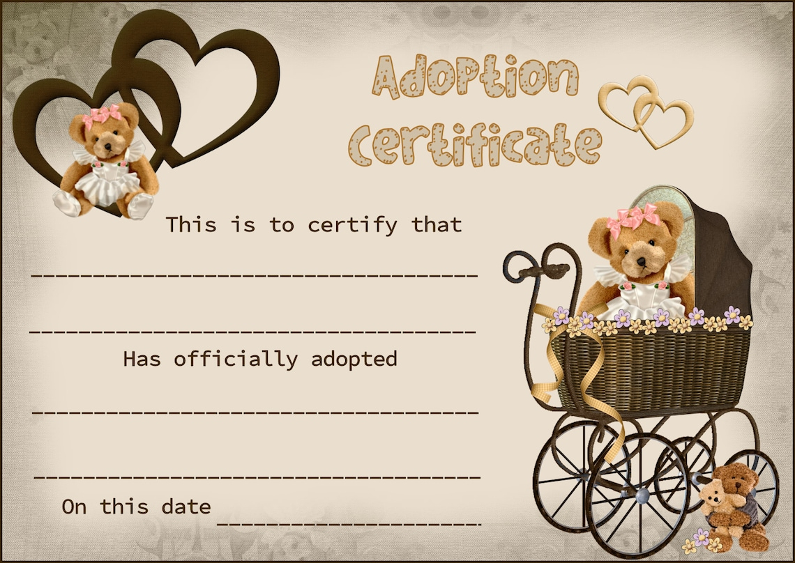 Teddy Bear CERTIFICATE OF ADOPTION Graphic You Print Reborn Etsy