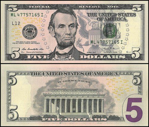 United States Of America USA 5 Dollars Banknote 2013 P 539a UNC 