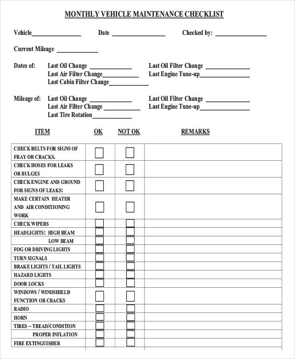 Vehicle Checklist 19 Examples Format Pdf Examples - FreePrintable.me